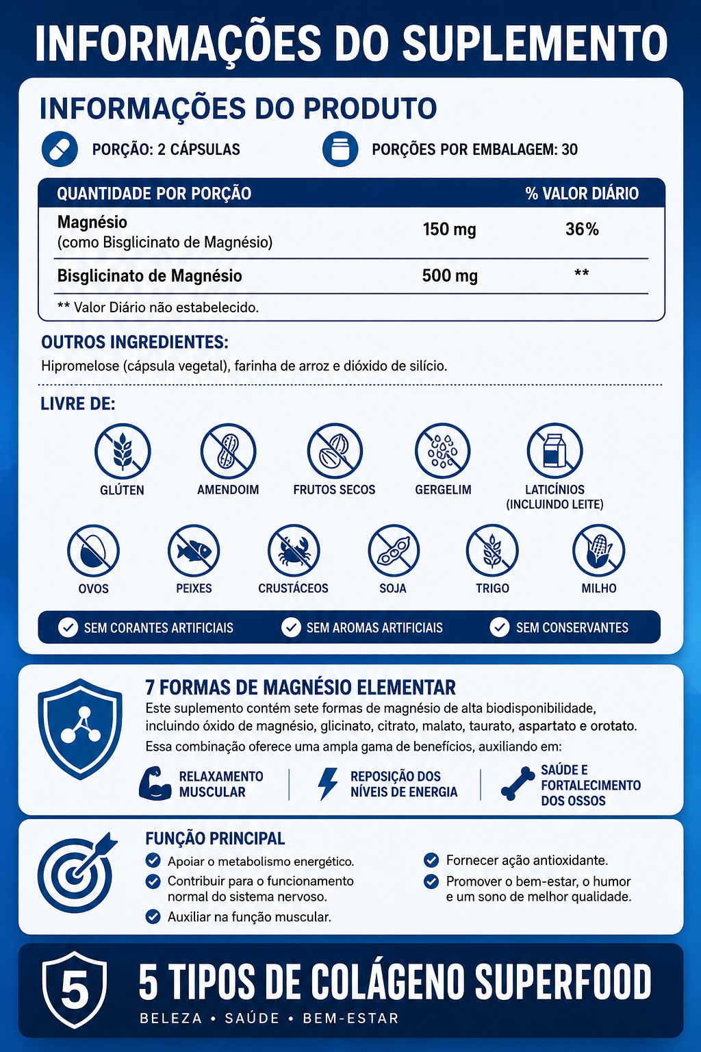 Complexo de Magnésio Premium – Glicinato, Citrato, Malato e Óxido | Suporte para Músculos, Ossos e Bem-Estar Digestivo | Vegano e Sem Transgênicos – 60 Cápsulas