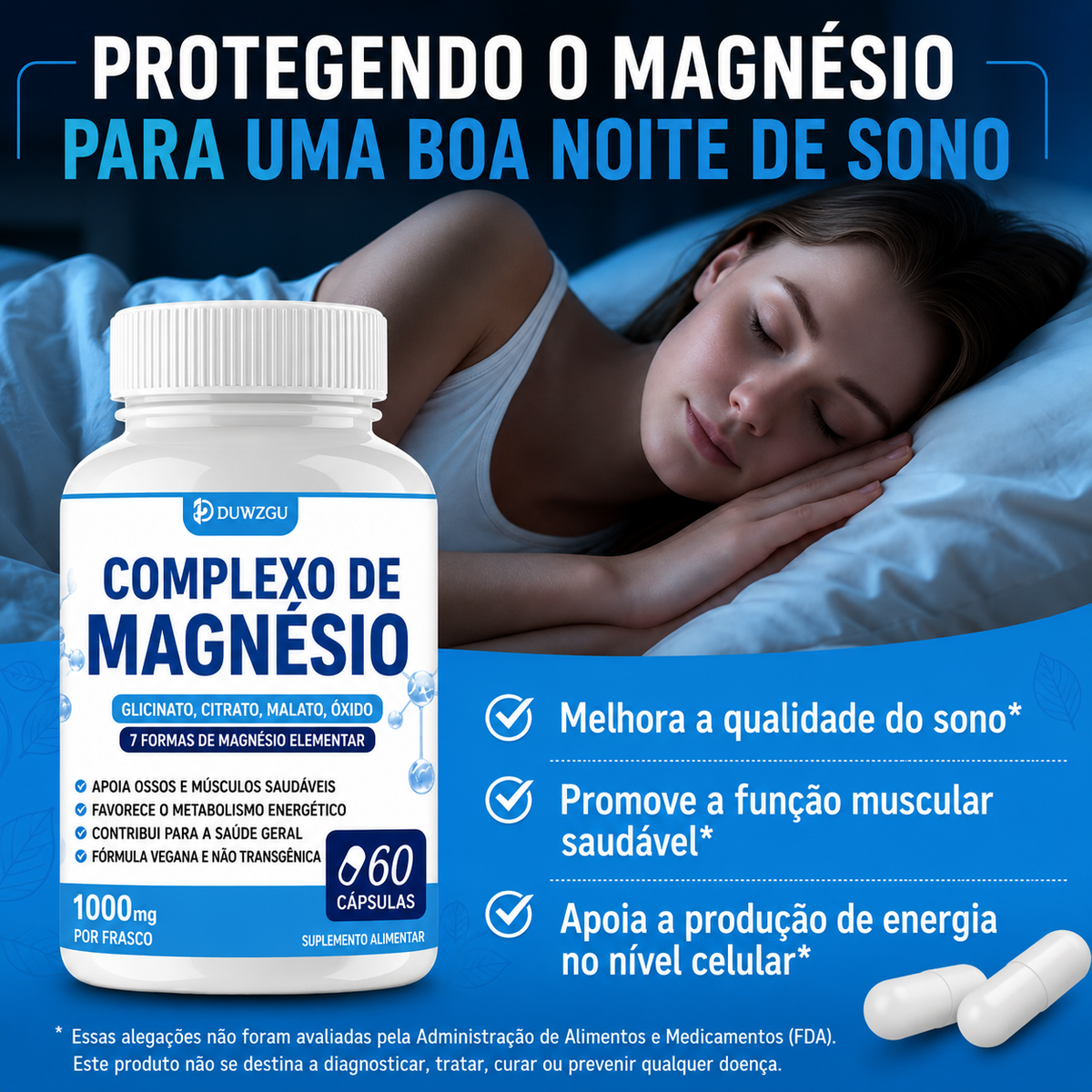 Complexo de Magnésio Premium – Glicinato, Citrato, Malato e Óxido | Suporte para Músculos, Ossos e Bem-Estar Digestivo | Vegano e Sem Transgênicos – 60 Cápsulas