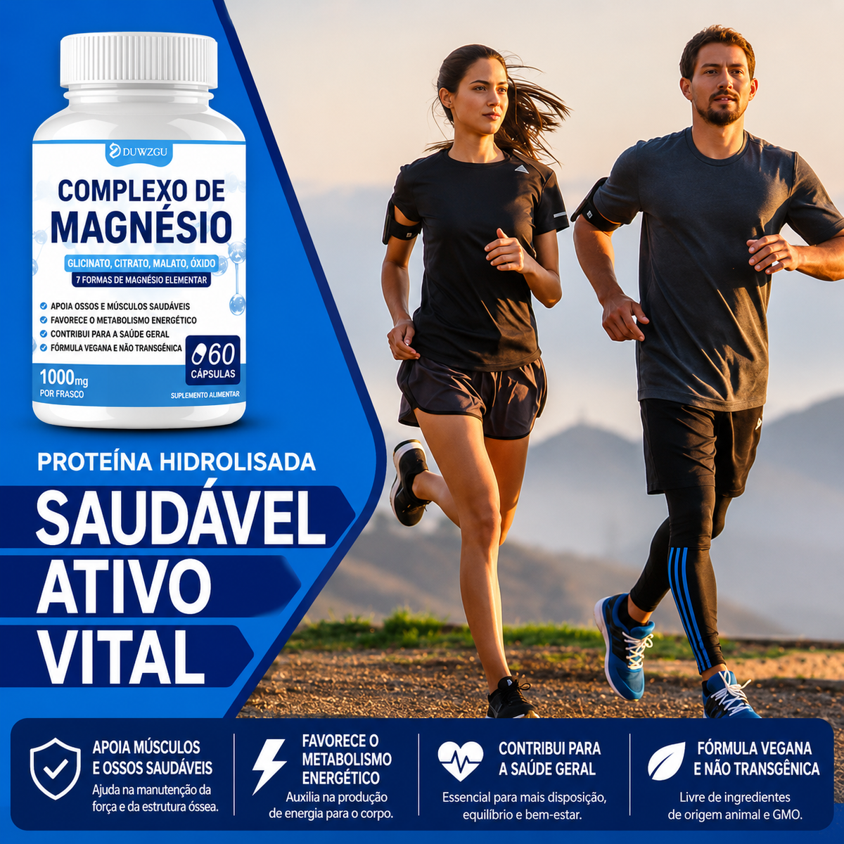Complexo de Magnésio Premium – Glicinato, Citrato, Malato e Óxido | Suporte para Músculos, Ossos e Bem-Estar Digestivo | Vegano e Sem Transgênicos – 60 Cápsulas