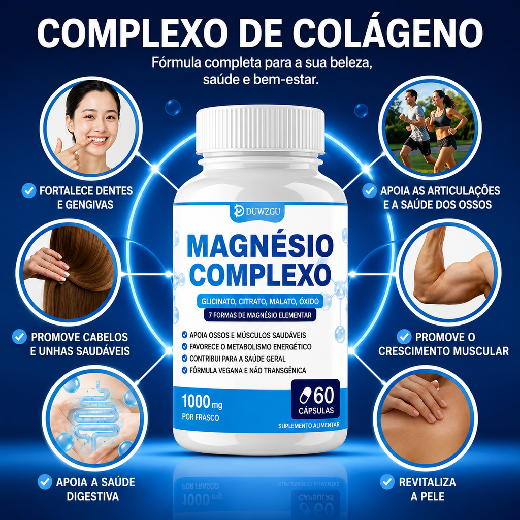 Complexo de Magnésio Premium – Glicinato, Citrato, Malato e Óxido | Suporte para Músculos, Ossos e Bem-Estar Digestivo | Vegano e Sem Transgênicos – 60 Cápsulas